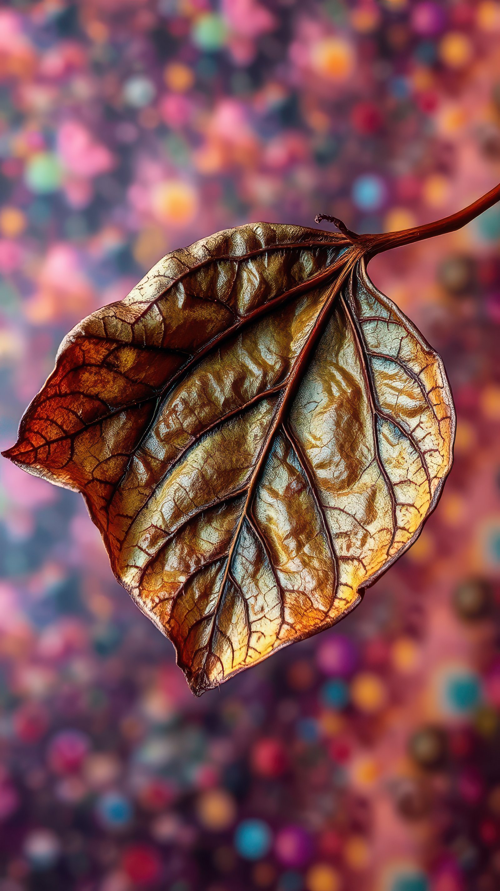 Detailed close-up of a dry leaf against a vibrant, colorful background showcasing nature's textures and patterns